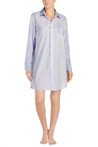 Lauren Ralph Lauren White Striped Logo-Pocket Sleep-Shirt