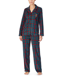 Lauren Ralph Lauren Wo Printed Fleece Pajama Set Grn Pld thumbnail 1
