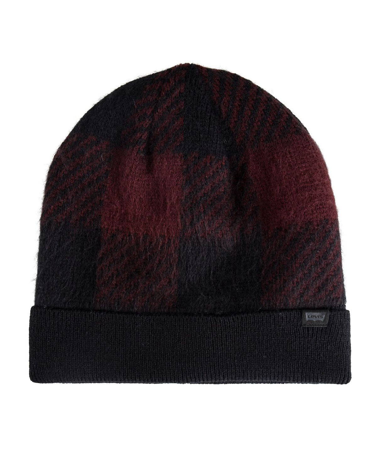 Levi's Buffalo Check Cuff Beanie With Leather Logo Patch Burgundy, Black