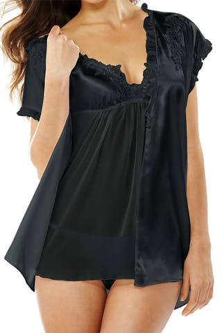 Linea Donatella Black Chemise, Wrap And Thong 3-pc Set