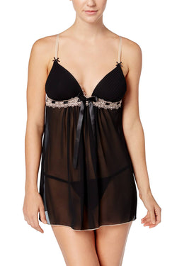 Linea Donatella Black Pleated Babydoll Chemise 2pc Set thumbnail 1