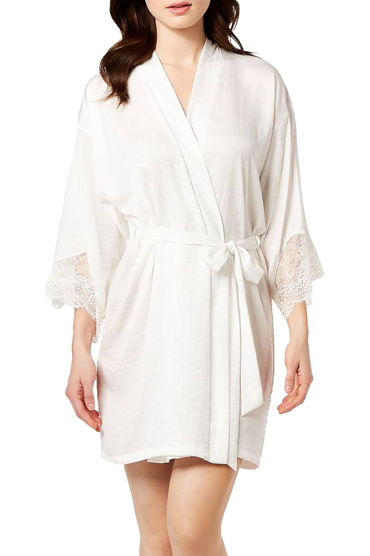 Linea Donatella Graciela Lace Trim Satin Wrap Robe in Ivory