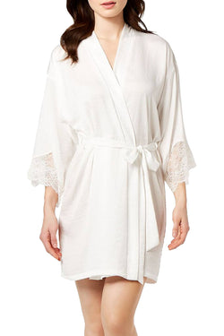 Linea Donatella Graciela Lace Trim Satin Wrap Robe in Ivory thumbnail 1