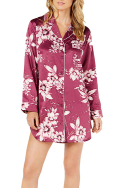 Linea Donatella Sleepy Head Flower Print Satin Sleepshirt in Wine thumbnail 1