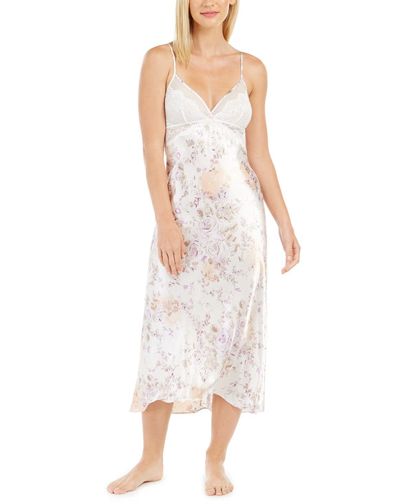 Linea Donatella Wo Lace-trim Satin Floral-print Chemise Nightgown Bisque