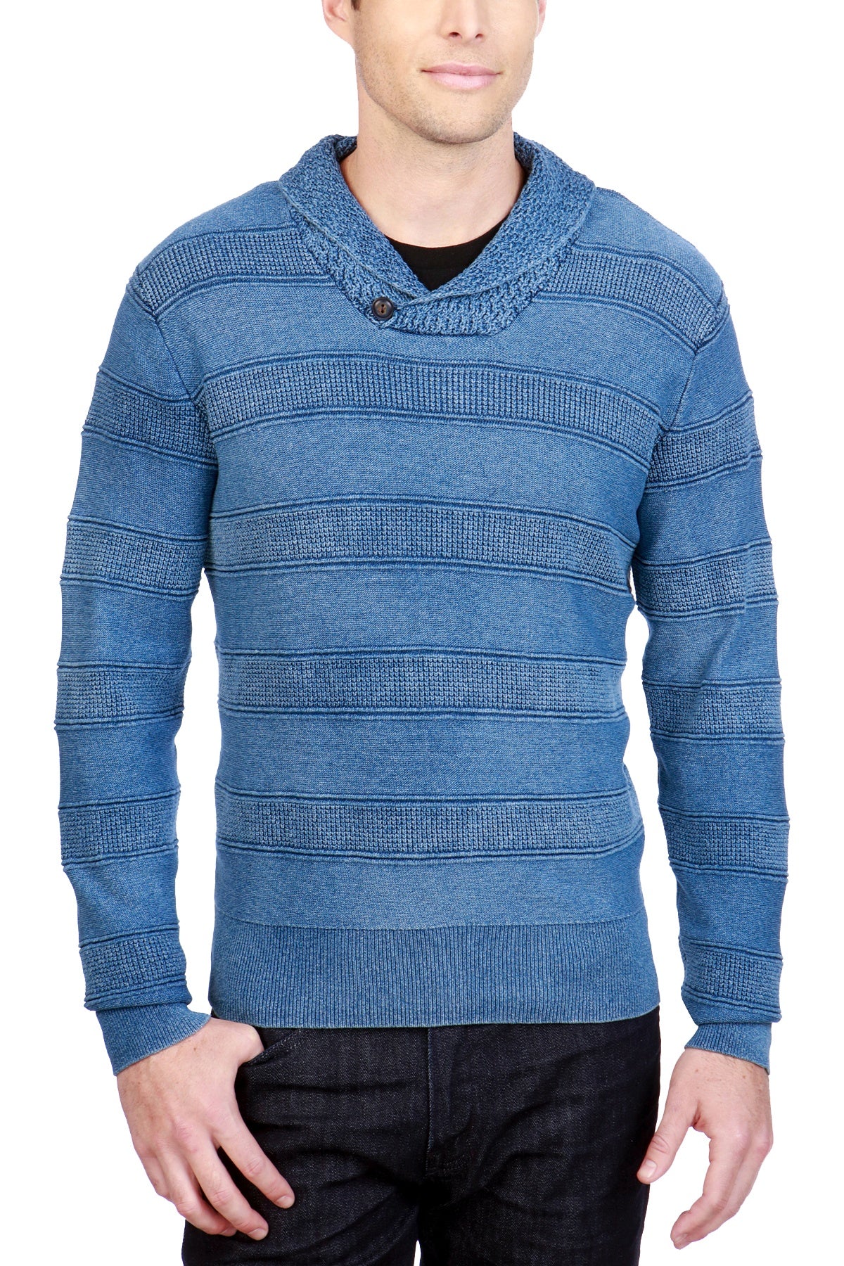 Lucky Brand Indigo Shawl-Collar Striped Pullover Sweater