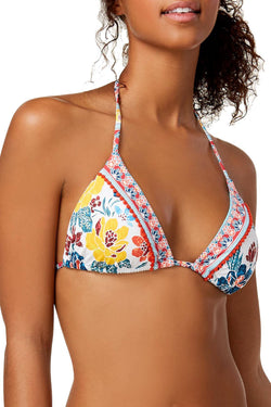 Lucky Brand Las Dalias Pom Pom Halter Bikini Top in White/Multicolor thumbnail 2