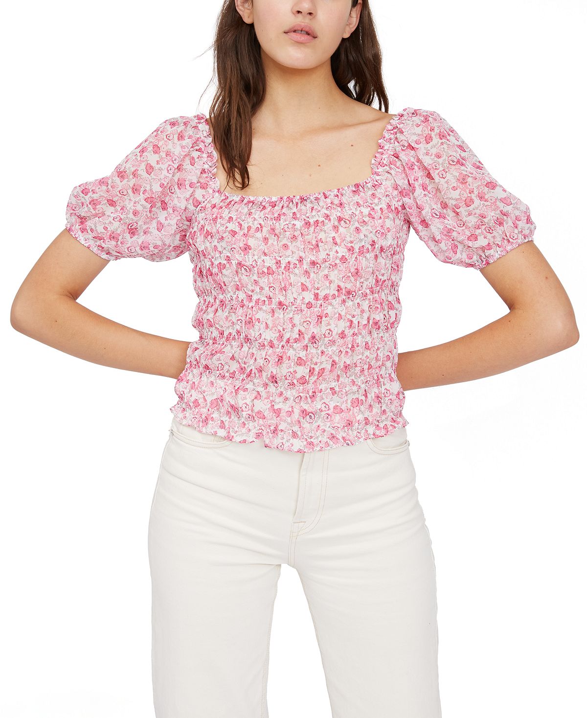 Lucy Paris Printed Smocked Square-neck Top Pink Floral