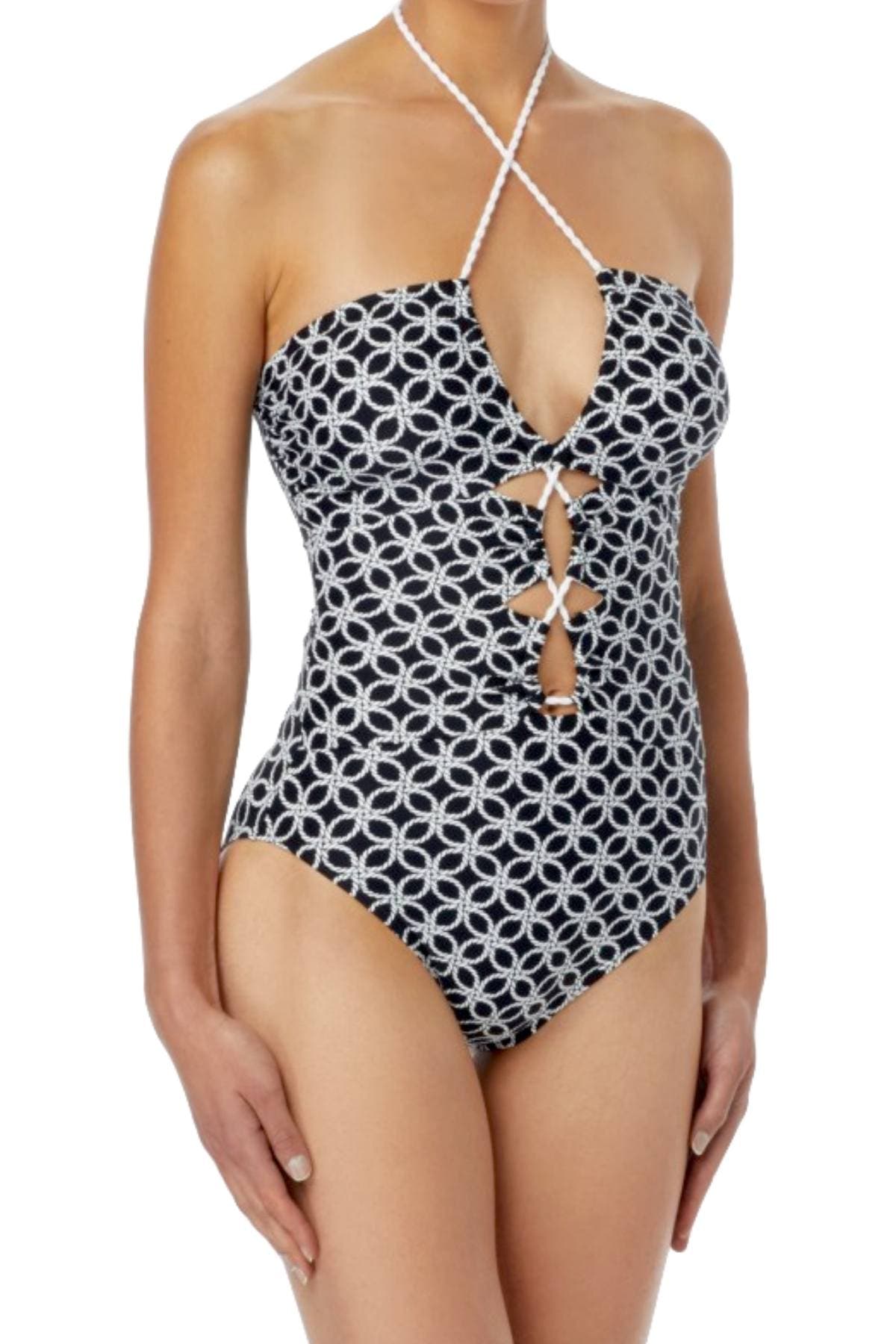 MICHAEL Michael Kors Black Rope-Geo Shirred Keyhole One-Piece Swimsuit