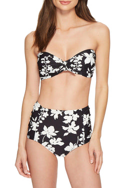 MICHAEL Michael Kors Floral Vine Tie Front Bandeau Bikini Top in Black/White thumbnail 1