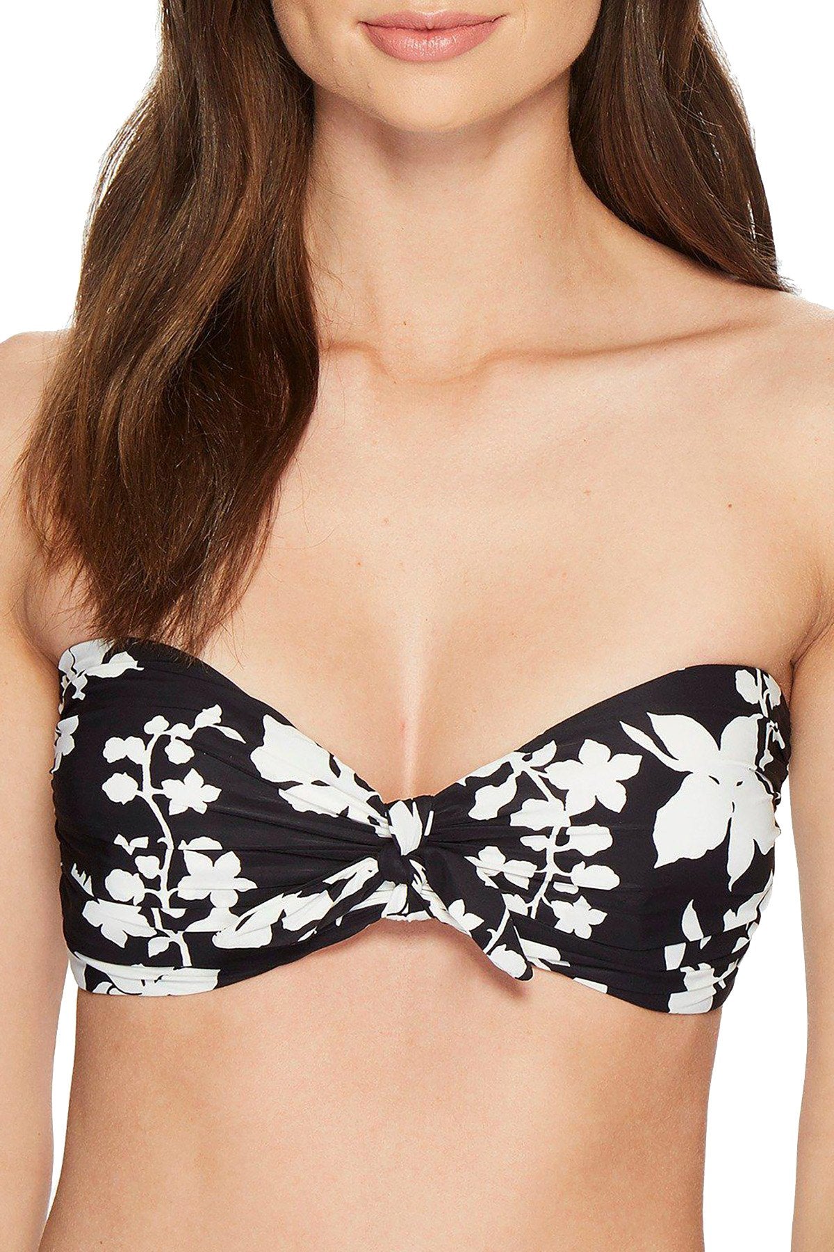 MICHAEL Michael Kors Floral Vine Tie Front Bandeau Bikini Top in Black/White