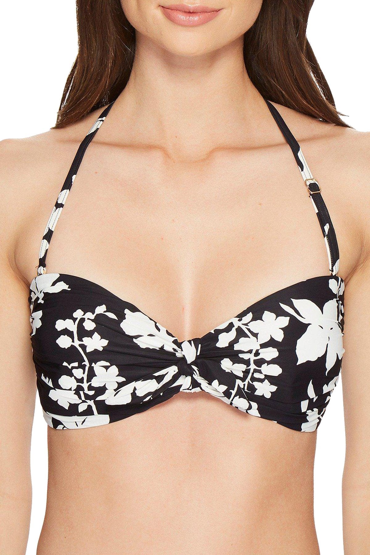 MICHAEL Michael Kors Floral Vine Tie Front Bandeau Bikini Top in Black/White
