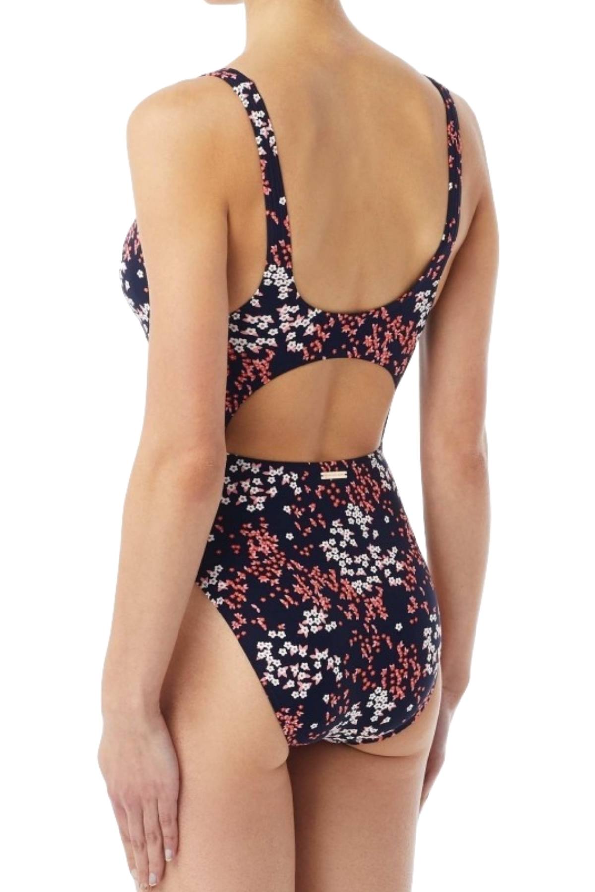 MICHAEL Michael Kors Navy/Rose-Pink Scattered-Blooms Cut-Out One-Piece Swimsuit
