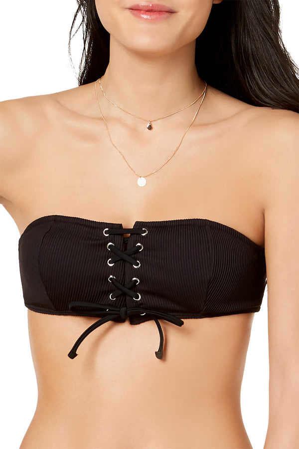 MINKPINK Black Kylie Lace-Up Ribbed Bandeau Bikini Top