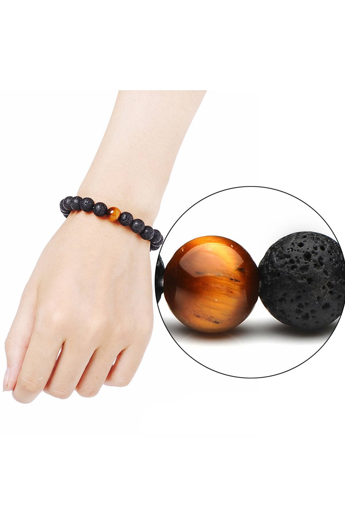 Manipura-Chakra Tigers-Eye/Black Lava-Stone Healing Bracelet