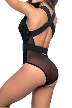 Mapale Black Floral Mesh Deep-Plunge Teddy thumbnail 2