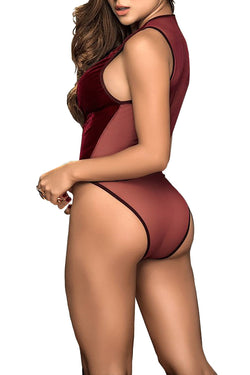 Mapale Burgundy Velvet/Sheer-Mesh Deep-Plunge Bodysuit thumbnail 4