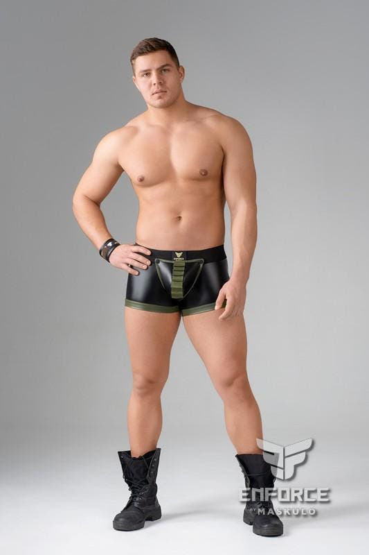 Maskulo Black Zipped Rear Shot Belt Codpiece Trunk Shorts