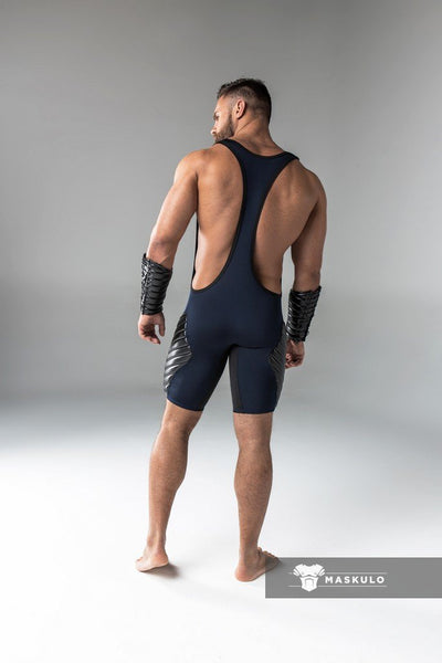 Maskulo Navy Blue Full Thigh Pad Wrestling Singlet