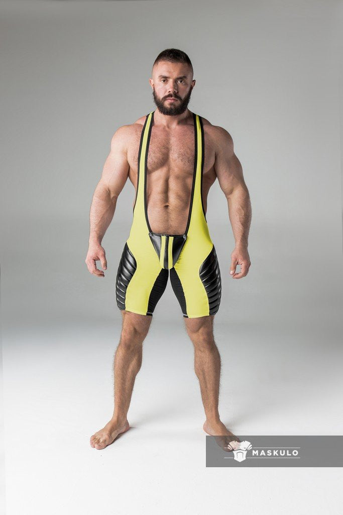 maskulo gear Maskulo Yellow Full Thigh Pads Open Rear Wrestling Singlet