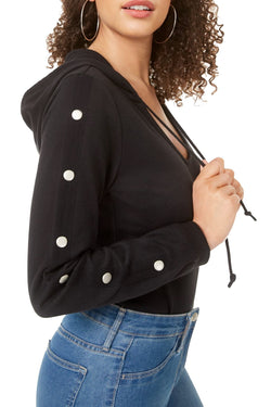 Material Girl Black Juniors' Stud Trimmed Hoodie Bodysuit thumbnail 3