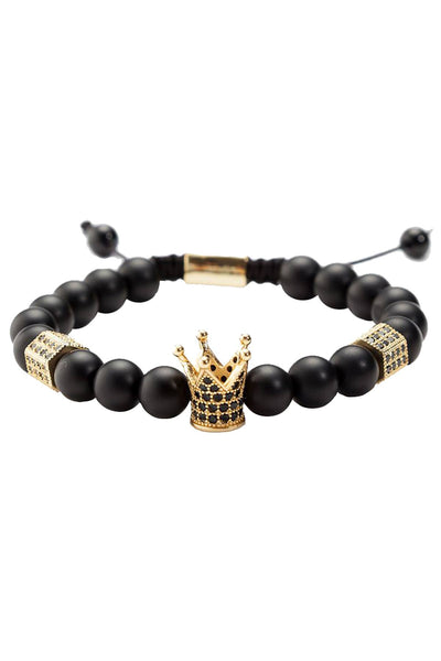 Matte Black Agate / Gold Crown / Black Micro Pavé CZ Healing Bracelet