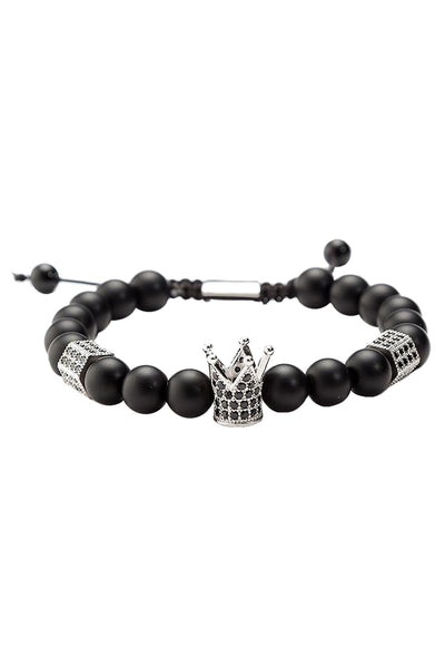 Matte Black Agate / Silver Crown / Black Micro Pavé CZ Healing Bracelet