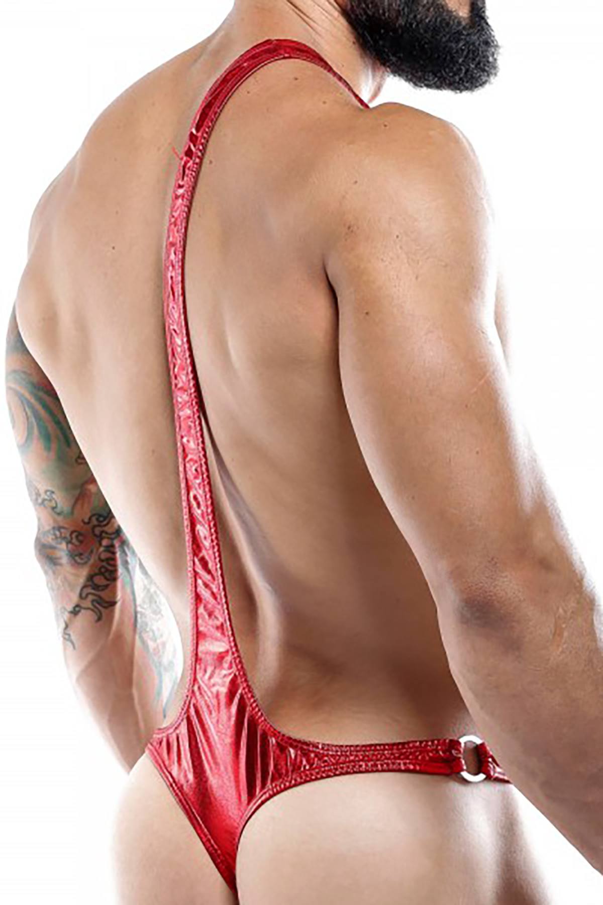 Miami Jock Metallic-Red One-Shoulder Grecian Thong Bodysuit
