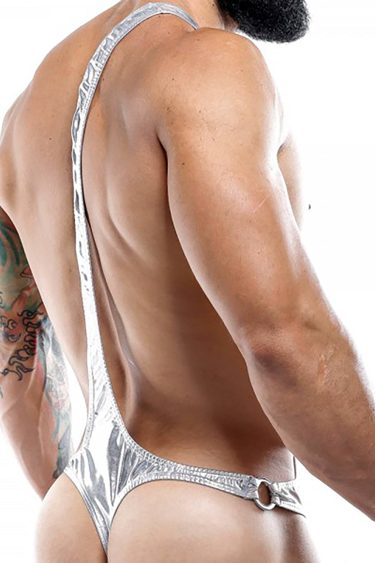 Miami Jock Metallic-Silver One-Shoulder Grecian Thong Bodysuit