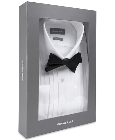 Michael Kors Classic/regular Fit Non-iron Performance French Cuff Formal Dress Shirt & Pre-tied Silk Bow Tie Set White
