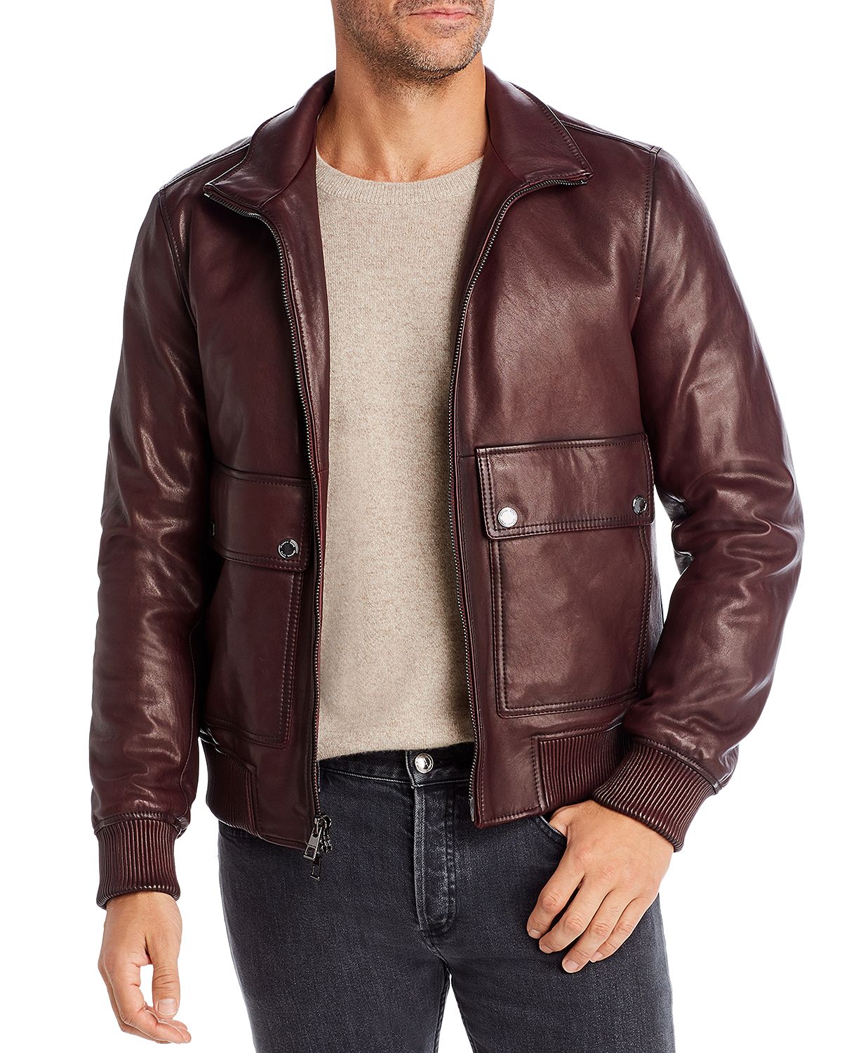 Michael Kors Leather Bomber Jacket Merlot