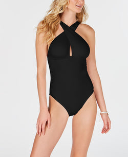 Michael Kors Michael Solid Convertible Ruched One-piece Swimsuit Black thumbnail 1