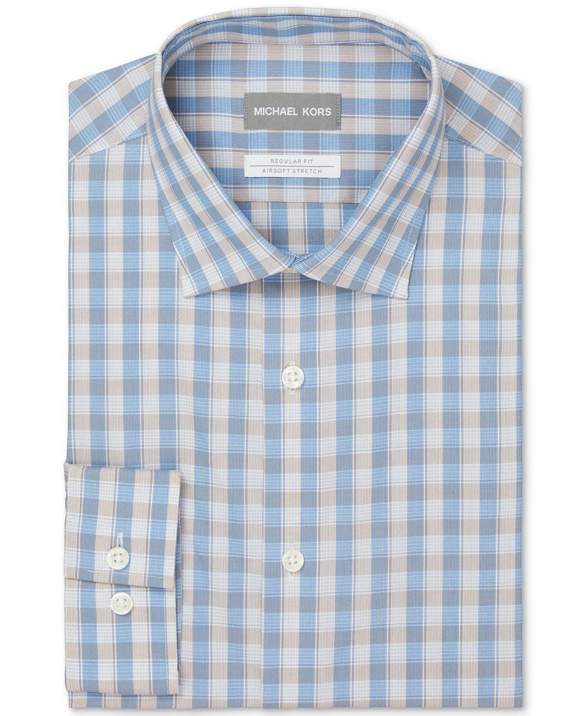Michael Kors Regular Fit Non-iron Stretch Performance Dress Shirt Tan Multi