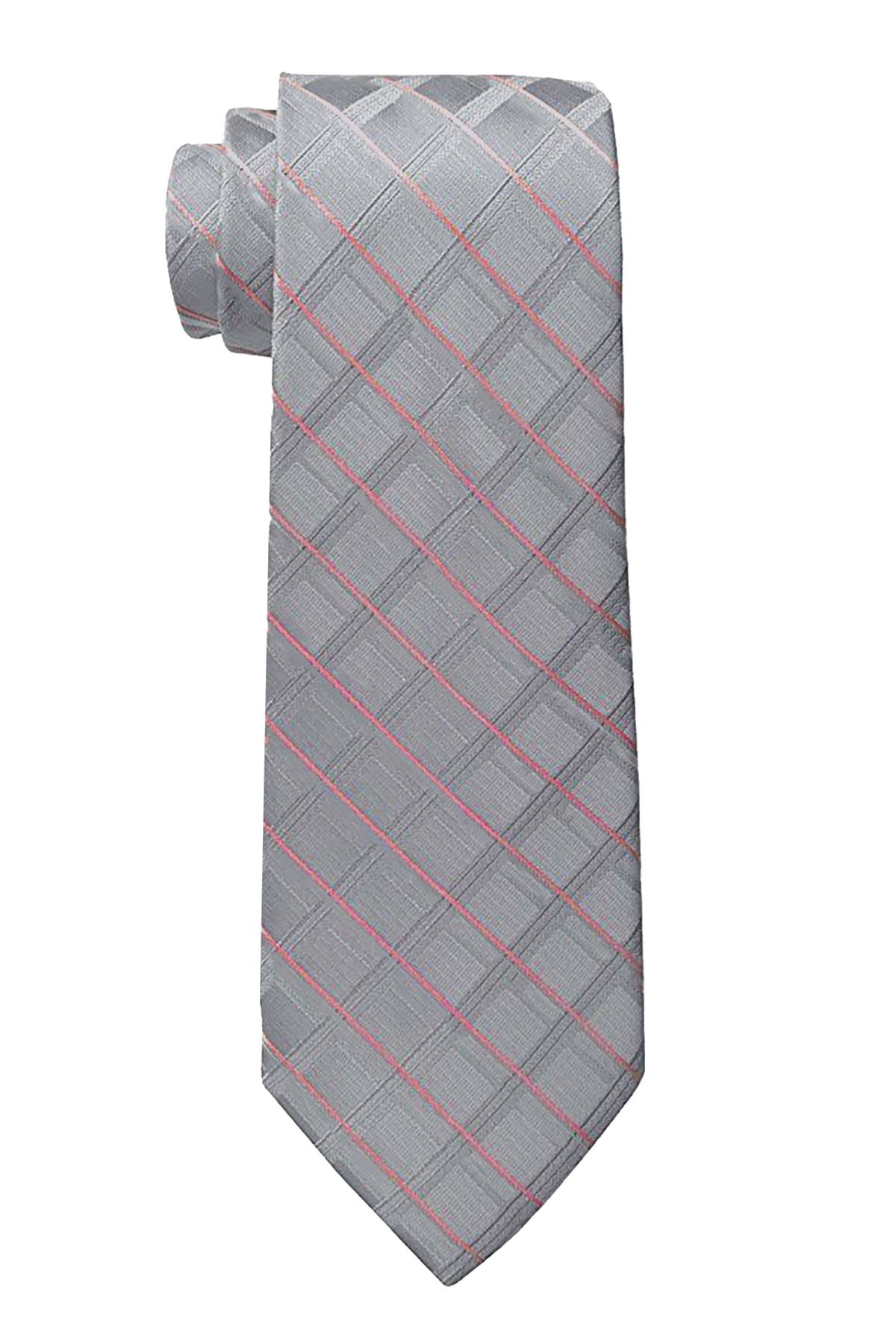 Michael Kors Silver/Pink Small Shadow-Grid Slim Silk Necktie