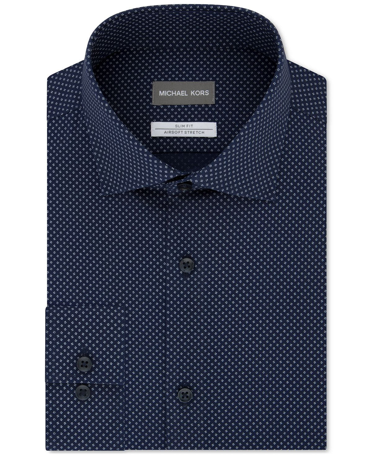 Michael Kors Slim-fit Airsoft Non-iron Performance Stretch Moisture-wicking Blue Double Dash-print Dress Shirt Midnight