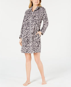 Miss Elaine Animal Printed Fleece Short Zip Robe in Grey/Pink thumbnail 2