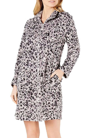 Miss Elaine Animal Printed Fleece Short Zip Robe in Grey/Pink