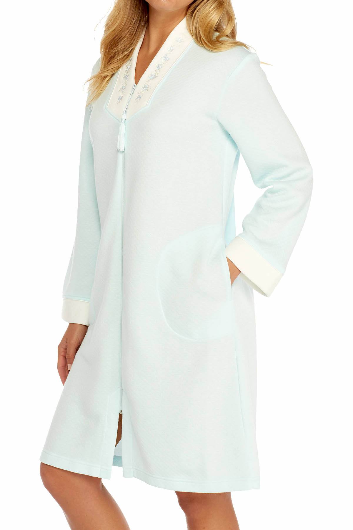 Miss Elaine Aqua Embroidery-Trimmed Zip-Front Robe