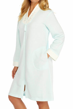Miss Elaine Aqua Embroidery-Trimmed Zip-Front Robe thumbnail 1