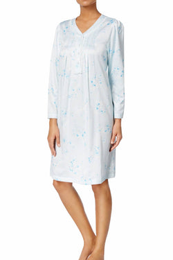 Miss Elaine Blue-Bouquet Brushed-Satin Lace-Trim Nightgown thumbnail 1