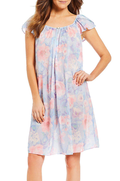 Miss Elaine Blue Floral-Print Tricot Flutter-Sleeve Nightgown