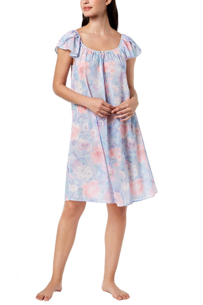 Miss Elaine Blue Floral-Print Tricot Flutter-Sleeve Nightgown