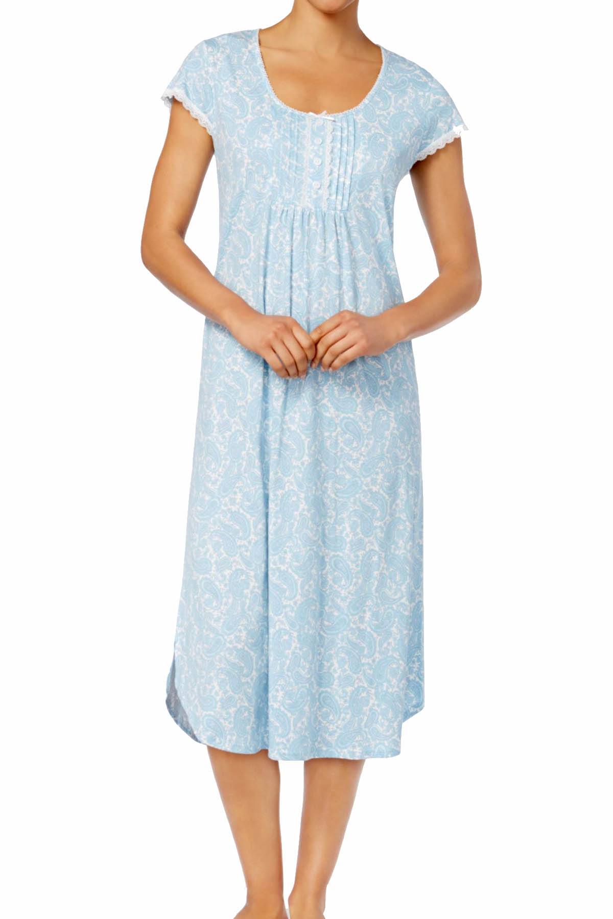 Miss Elaine Blue/Lavender Paisley-Print Tucked-Front Knit Nightgown