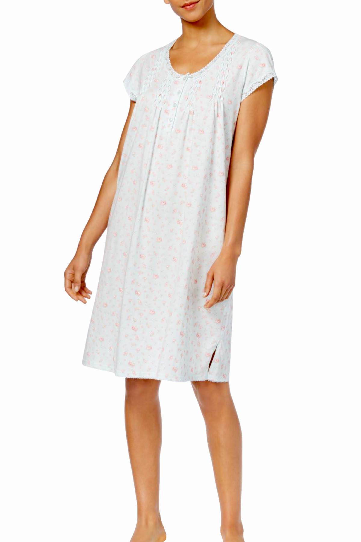 Miss Elaine Blue/Pink-Floral Smocking-Trimmed Knit Printed Nightgown