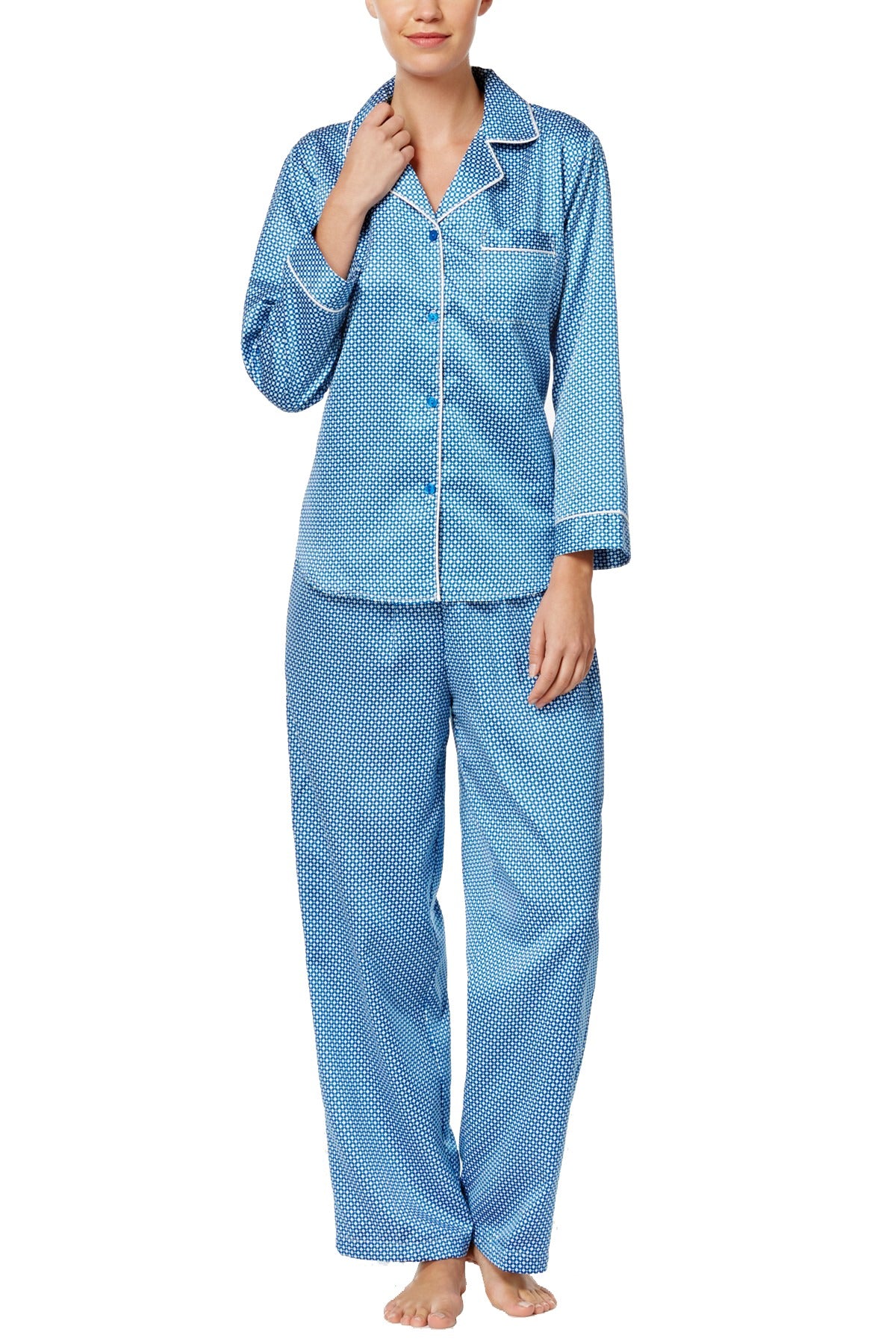 Miss Elaine Blue/White Foulard-Print Satin Pajama Set