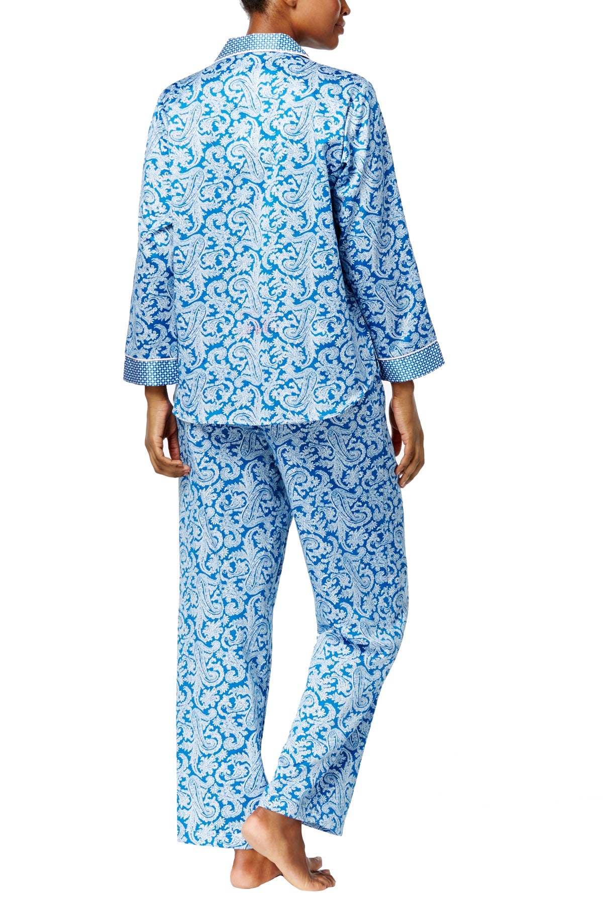 Miss Elaine Blue/White Paisley/Foulard Printed Satin Pajama Set