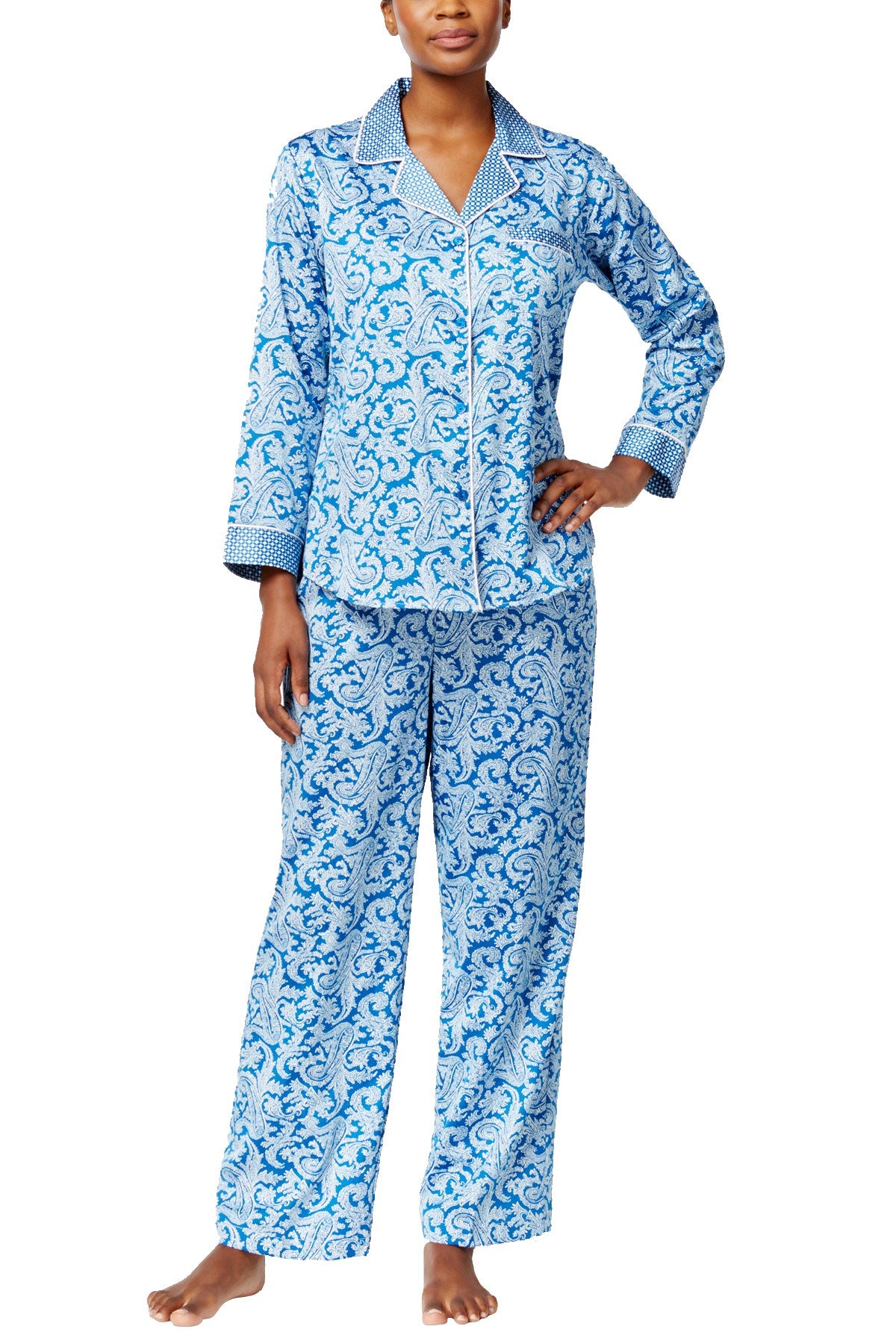 Miss Elaine Blue/White Paisley/Foulard Printed Satin Pajama Set
