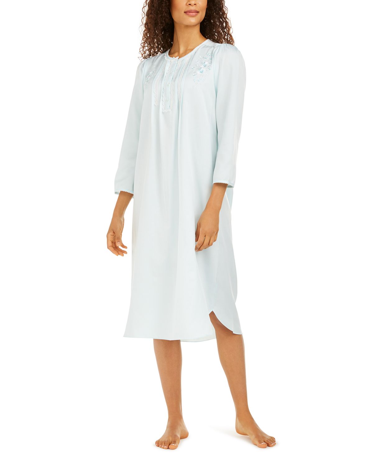 Miss Elaine Brushed Back Satin Embroidered Nightgown Aqua