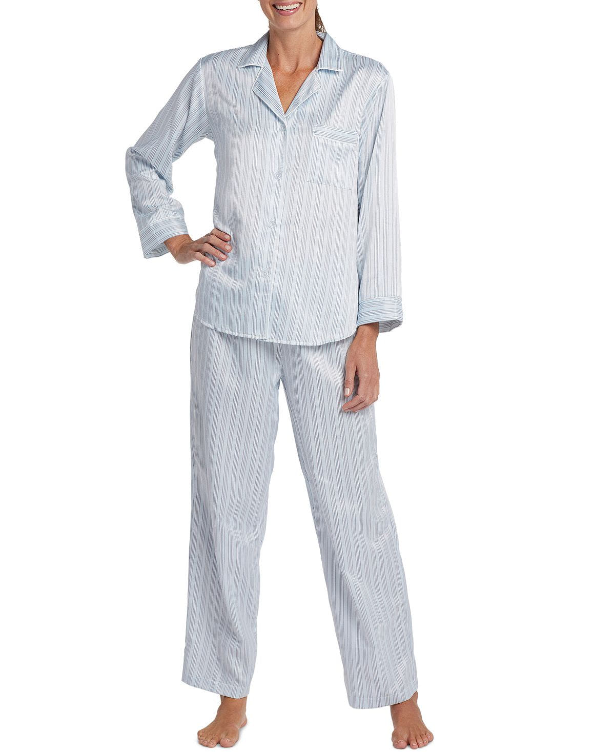 Miss Elaine Brushed Back Satin Notch-collar Pajama Set Blue Stripe