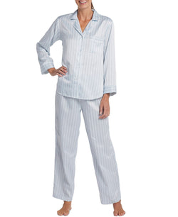 Miss Elaine Brushed Back Satin Notch-collar Pajama Set Blue Stripe thumbnail 1